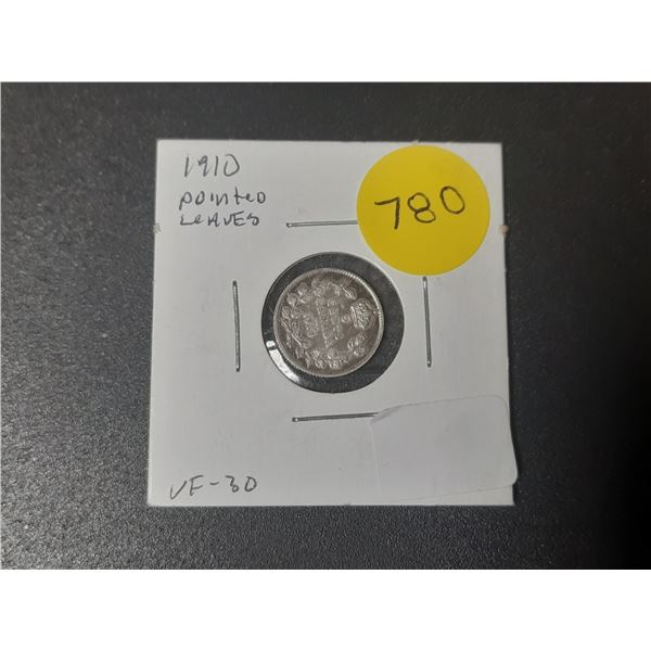 1910 Canada Silver 5 Cents - Pointed Leaves.