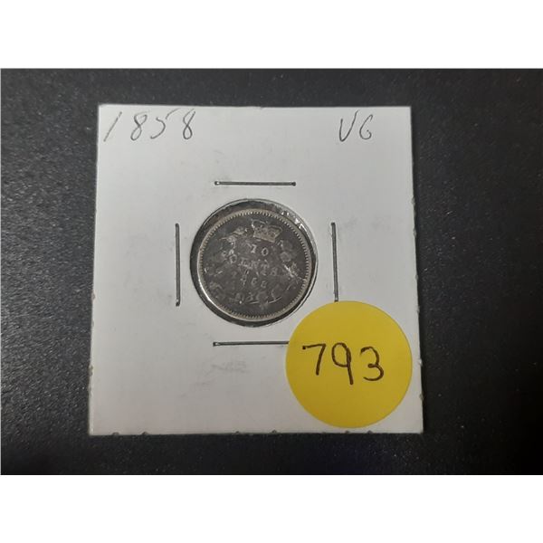 1858 Canada Silver 10 Cents.