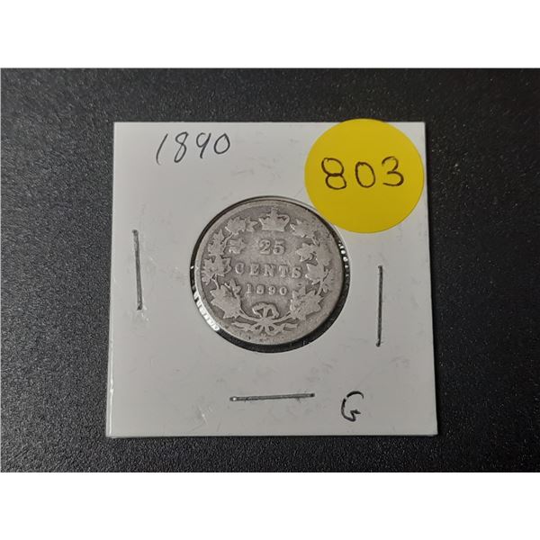 1890 Canada Silver 25 Cents.