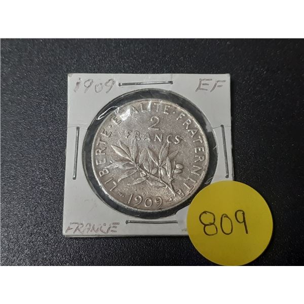1909 France 2 Francs "Semeuse" silver coin.