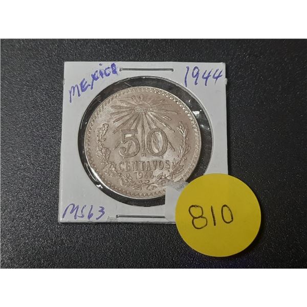 1944 Mexico Silver 50 Centavos coin, also known as the "Liberty Cap" design.