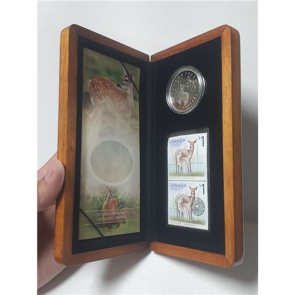 2005 Canadian Fine Silver Five Dollar Coin And Stamp Set - Whitetail Deer And Fawn