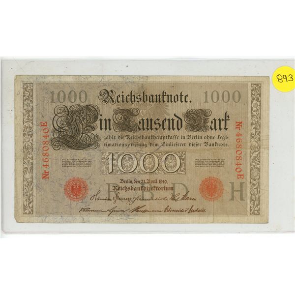 1910 Imperial Germany One Thousand Mark Reichsbanknote