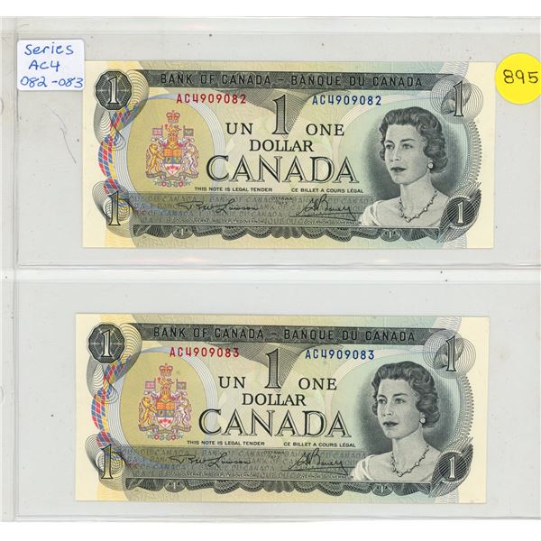 1973 2 Canadian One Dollar Bank Notes In Series