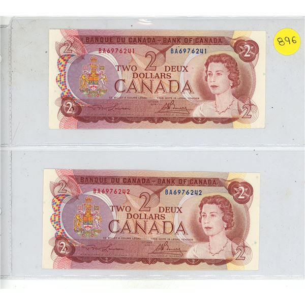 1974 2 Canadian Two Dollar Bank Notes In Series
