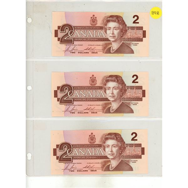 1986 3 Canadian Two Dollar Bank Notes In Series