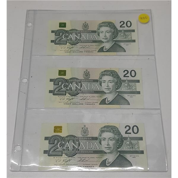 1991 3 Canadian Twenty Dollar Bank Notes In Series