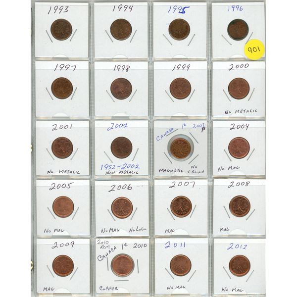 1993-2012 Sheet Of Canadian Small Cents - 20 Coins