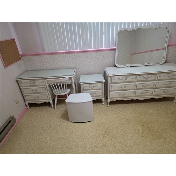 Set of wood dressers, chair and night stand- sizes vary- “Desk and end table have added thi