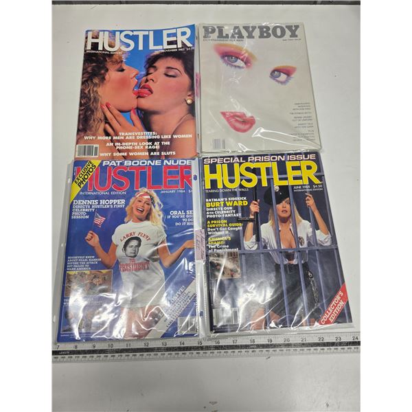 3 hustler magazines and 1 playboy magazine