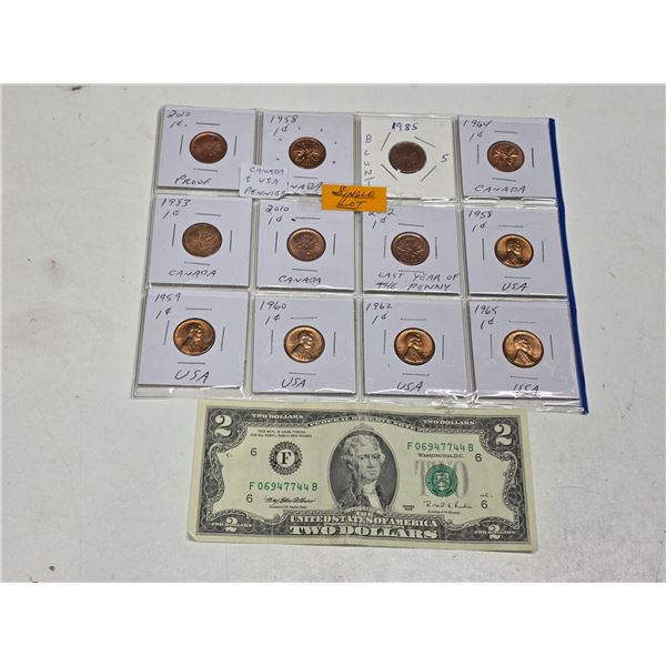 Canadian pennies and usa 2 dollar bill- 1995