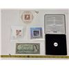 Image 1 : 1999-2000 millennium keepsake coin and stamps- and canadian 1 dollar bill- 1954