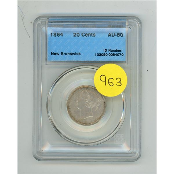 1864 New Brunswick 20 Cents - AU-50.