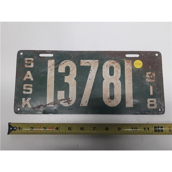 1918 Saskatchewan License Plate.