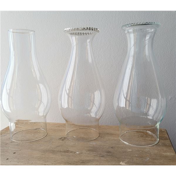 3 different tops on glass lantern chimneys 8 3/4" tall, base 2 3/4" inside to 2 7/8" outside