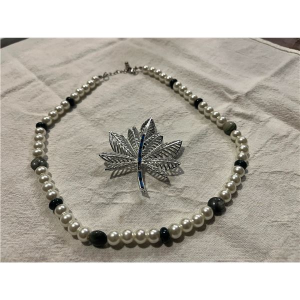 Faux Pearl & Stone Necklace, Leaf Brooch