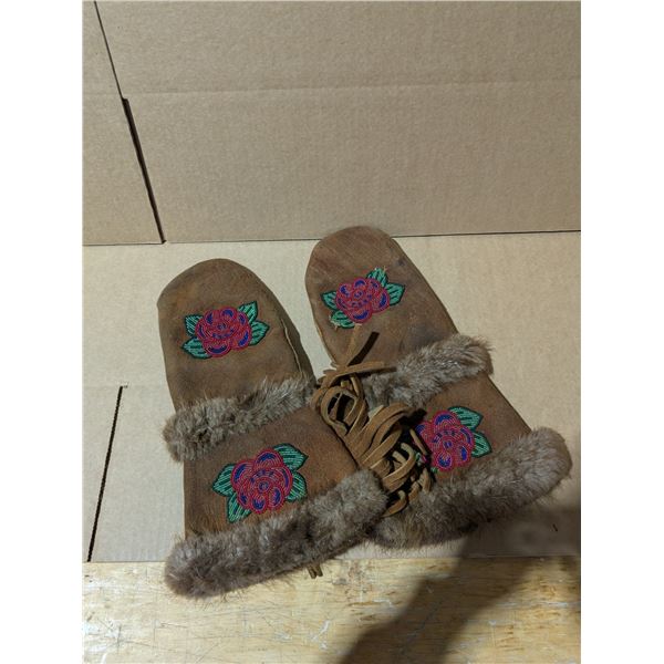 Pair of Beaded And Fur Native Mitts