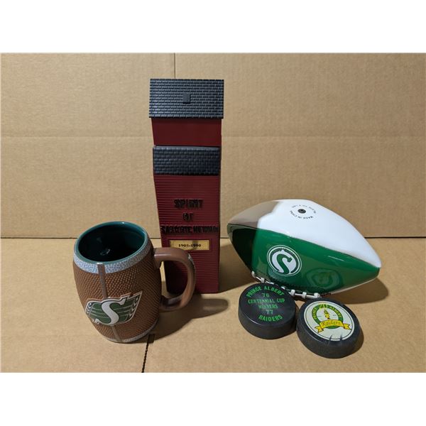 Prince Albert/Saskatchewan Items (Football, Whiskey Bottle, Pucks, etc.)