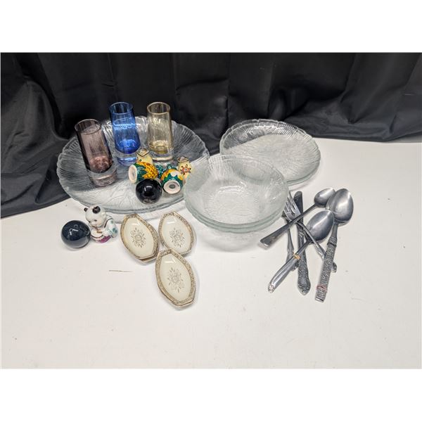 Lot of Vintage Glassware, Plates, Glasses, Salt and Pepper shakers and etc.