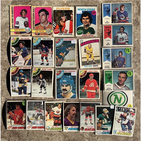 1970s O-Pee-Chee lot of 24 NHL & WHA different hockey cards. Gene Carr. IYKYK!