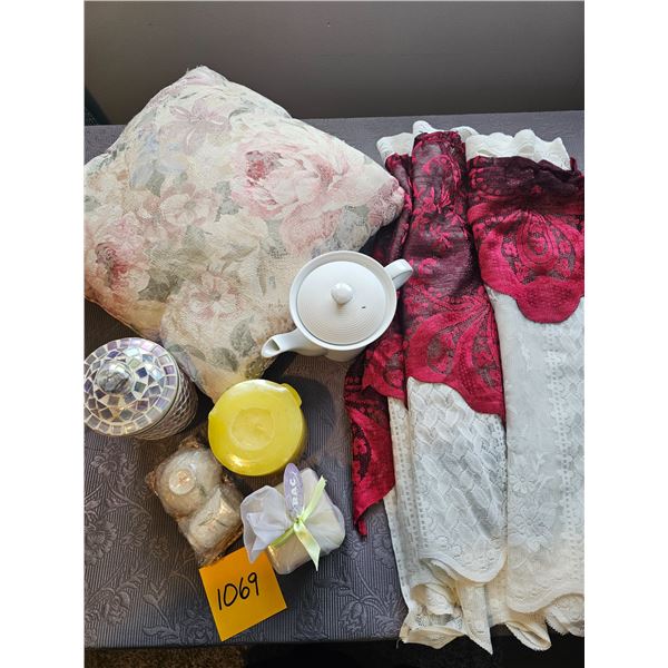 Café curtains approx. 72" wide x 30" long with pillow tea pot and candles