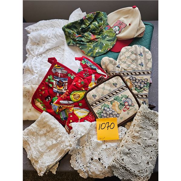 Lace table cloth, doilies, and oven mitts etc.