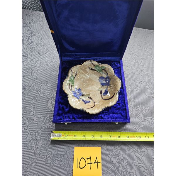 Hand painted 8" brass dish in blue velvet box