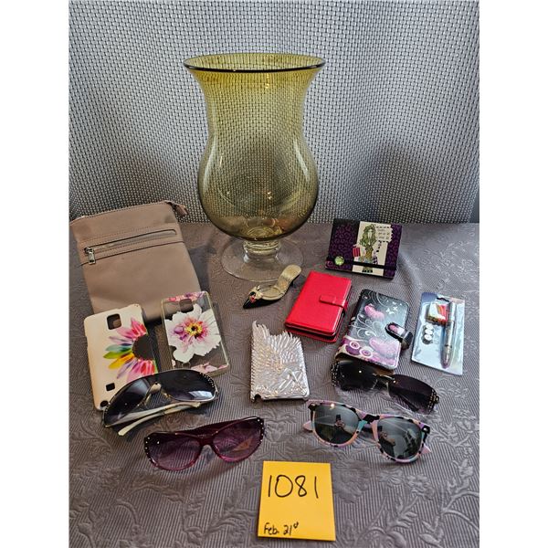 Misc. Phone holders, sunglasses and a purse