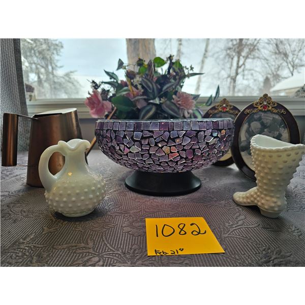 Silk Flower basket, Purple mosaic bowl, copper watering can, 'hobnail milk glass' pitcher and boot, 