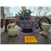 Image 1 : Silk Flower basket, Purple mosaic bowl, copper watering can, 'hobnail milk glass' pitcher and boot, 