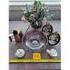 Image 2 : Silk Flower basket, Purple mosaic bowl, copper watering can, 'hobnail milk glass' pitcher and boot, 