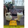 Image 3 : Silk Flower basket, Purple mosaic bowl, copper watering can, 'hobnail milk glass' pitcher and boot, 