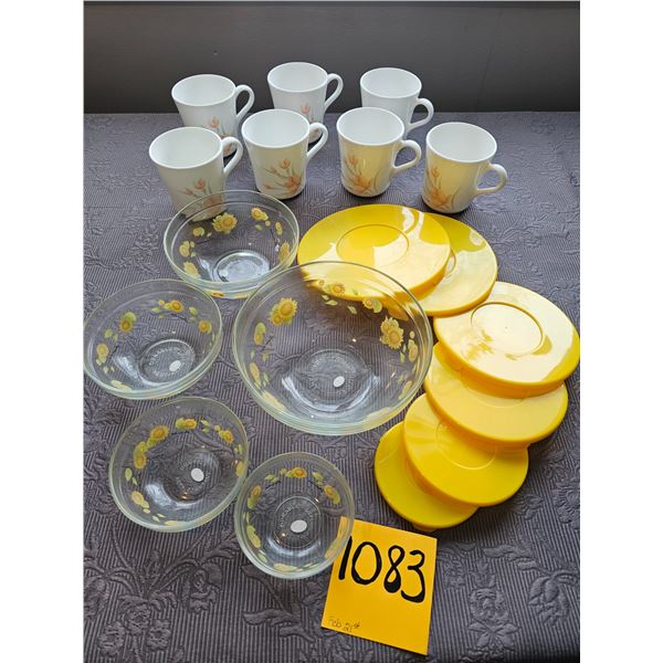 Five glass nesting bowls with lids and 7 Corel coffee mugs