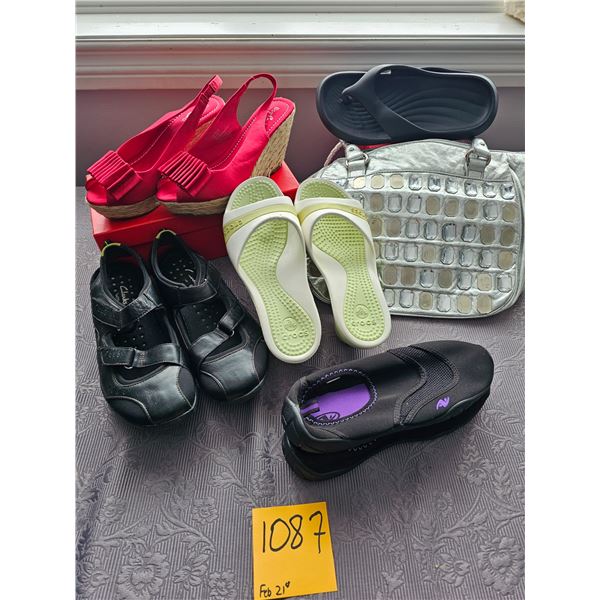 Five pairs of shoes Clarks, Crocs, and misc. size 8 and 9