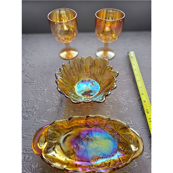 Merigold Carnaval Glass two Goblets and two pickle/relish dishes