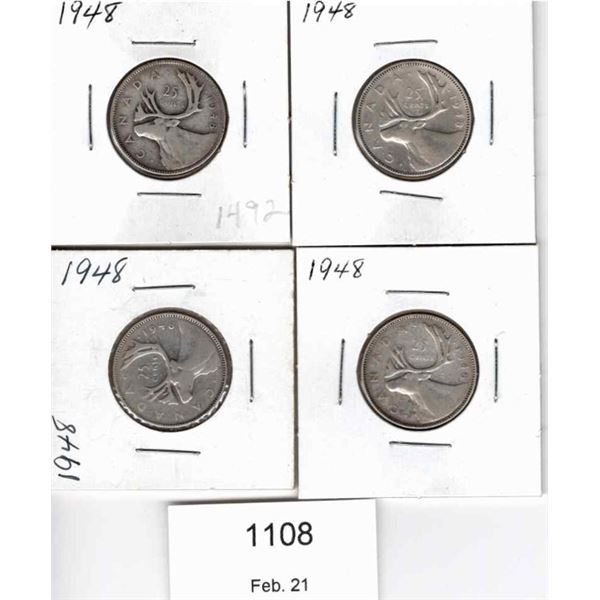 Four 1948 Canadian Quarters