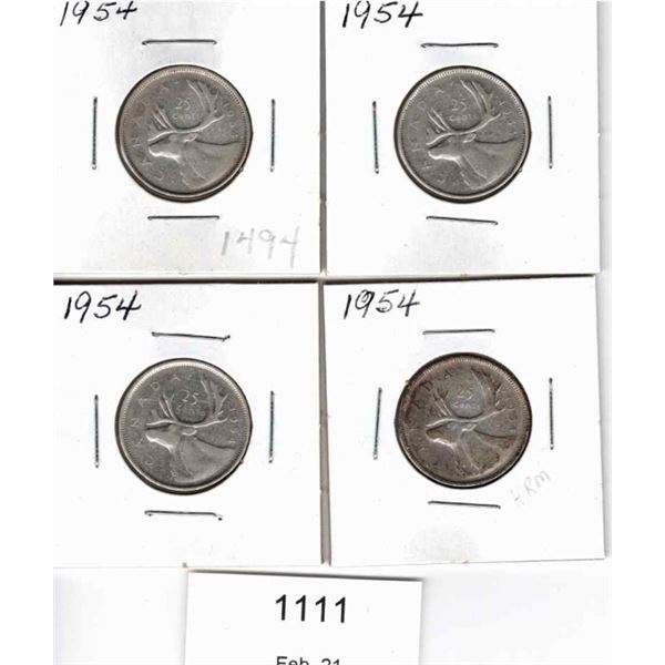 Four 1954 Canadian Quarters