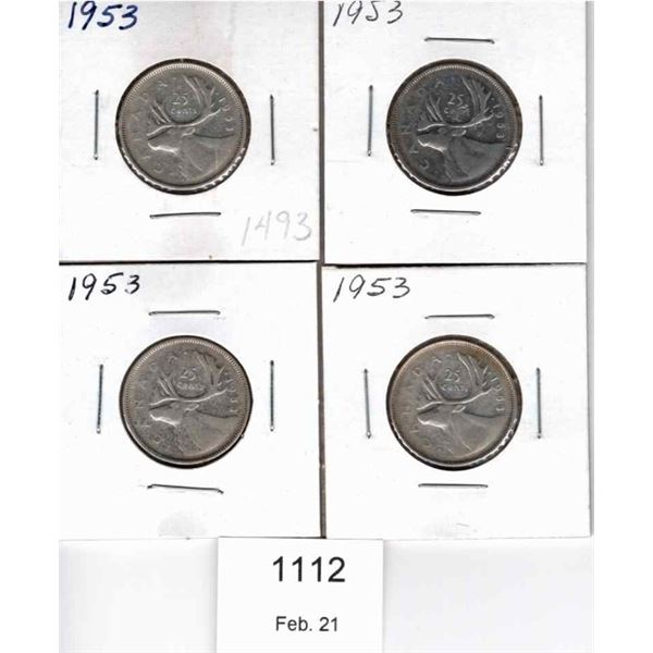 Four 1953 Canadian Quarters