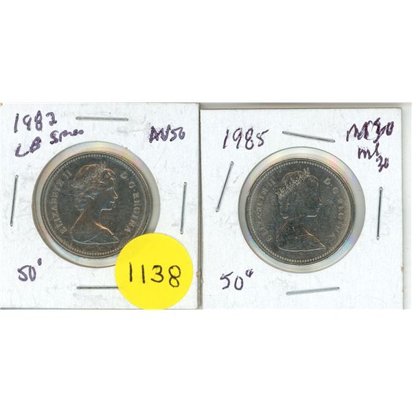 1982 and 1985 Canada 50 Cents Coin.
