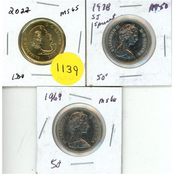 2022 Canada Proof Like One Dollar, 1978 and 1969 Canada 50 Cents Coins.