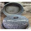 Image 2 : Vintage blue and white speckled enamelware oval roasting pan- 11" by 15" by 8"H