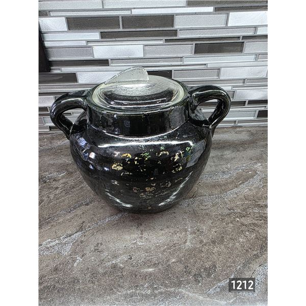 Vintage black bean pot- pottery with floral design