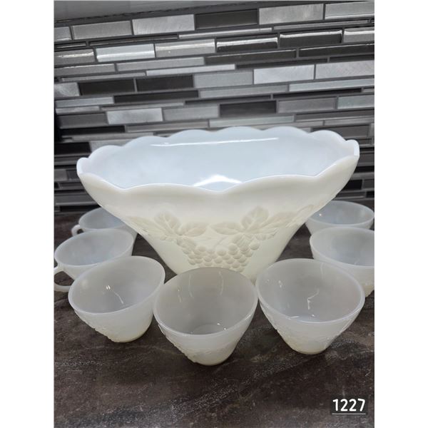 Vintage anchor hocking milk glass punch bowl and 7 cups with embossed grape design- not authenticate