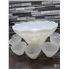 Image 1 : Vintage anchor hocking milk glass punch bowl and 7 cups with embossed grape design- not authenticate