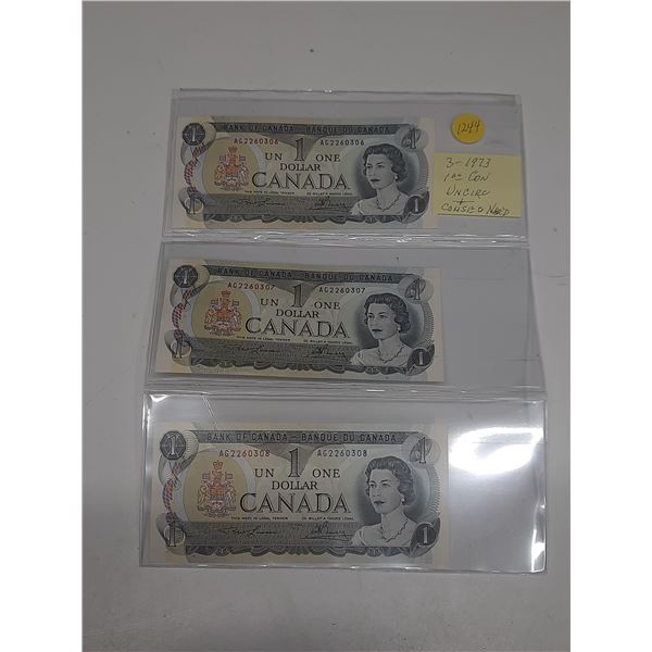 3- 1973 canadian 1 dollar bills