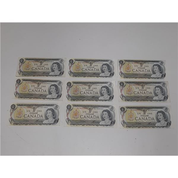 9- 1973 canadian 1 dollar bills