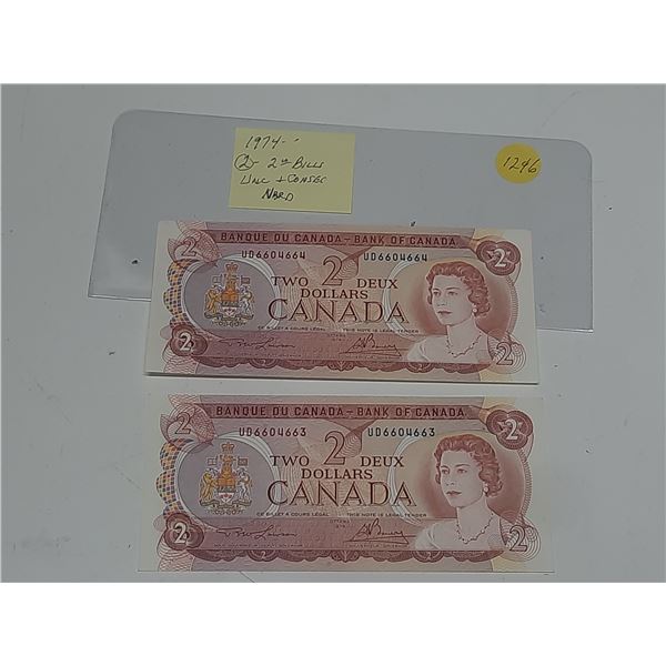 2- 1974 canadian 2 dollar bills
