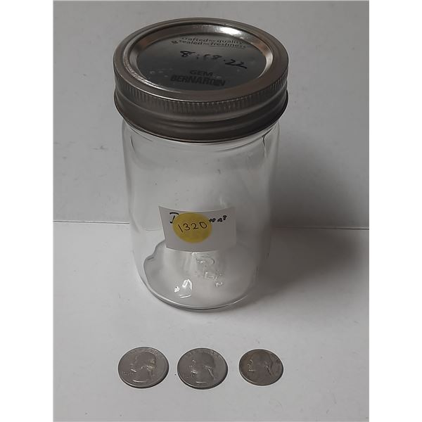 1965, 1967 U.S.A. Quarter Dollar, 1940 U.S.A Five Cents in Vintage Jar.