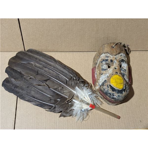 Vintage Wood Carved Masked w/ Turkey Feather Fan