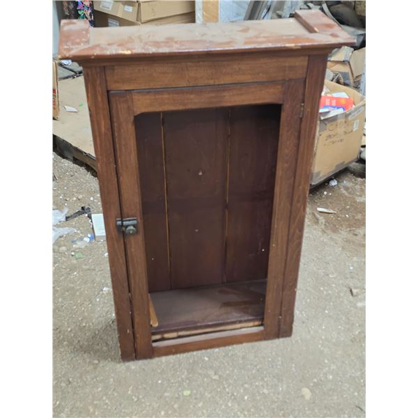 oak hanging cupboard with 3 shelves and glass piece- not installed- 28" by 11" by 43"H